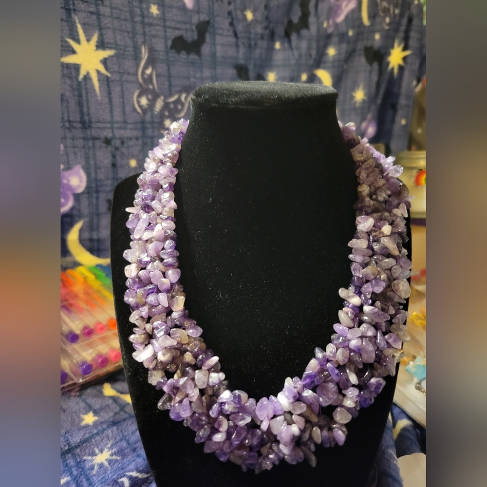 Amethyst Chip Cluster Necklace W/ Sterling Silver Clasp - Picture 1 of 7